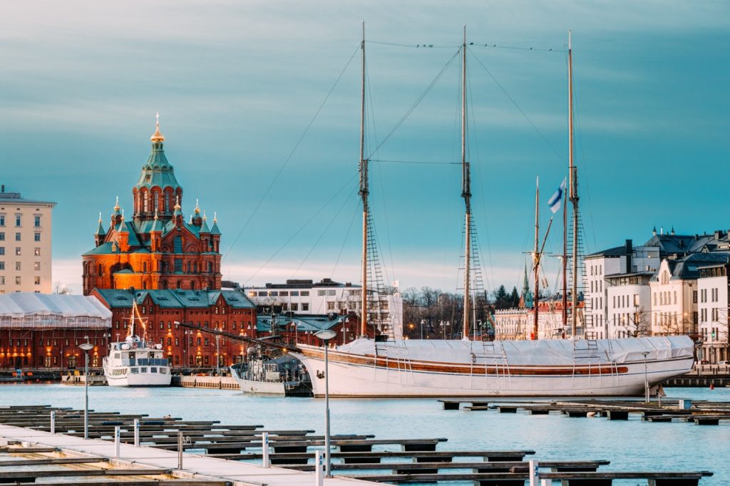 Helsinki, Finland. Evening View Of Uspenski Cathedral From Pier.