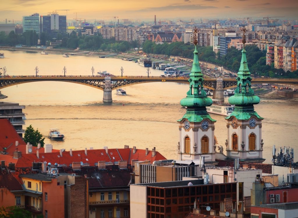 Margaret Bridge And St Anna Church In Budapest At Sunset, Hungary