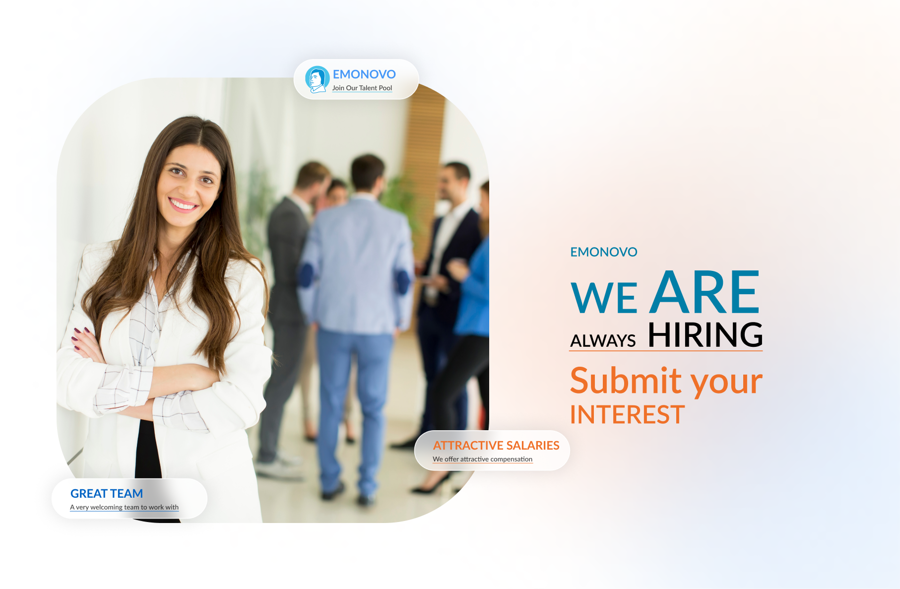 Image Of A Smiling Young Woman In Professional Attire With A Team Of Colleagues In The Background. The Text Reads 'Emonovo - We Are Always Hiring - Submit Your Career Interest.' The Image Highlights The Welcoming Team Environment And Attractive Salaries Offered At Emonovo.